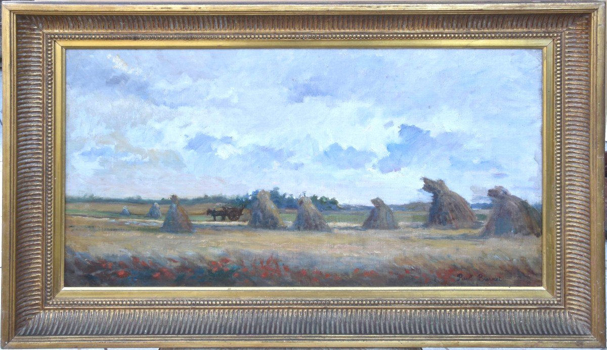 Paul Biernet "landscape With Haystacks" Oil On Canvas 35x63